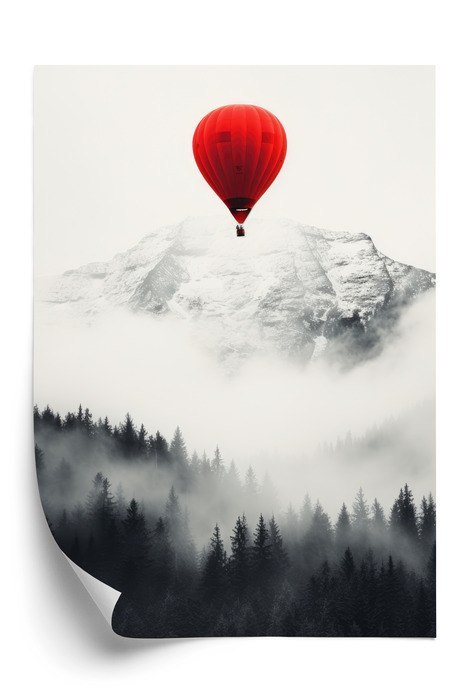 Plakat Czerwony Balon I Czarno Biały Krajobraz Górski We Mgle