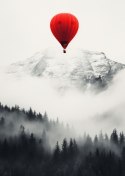 Plakat Czerwony Balon I Czarno Biały Krajobraz Górski We Mgle