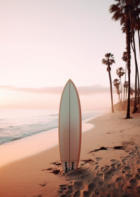 Plakat Deska Surfingowa Na Plaży O Wschodzie Słońca