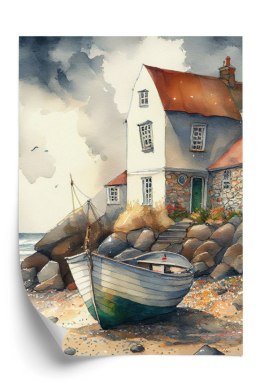 Plakat Drewniana Łódka Na Akwarelowym Wybrzeżu