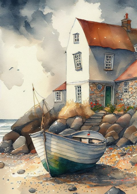 Plakat Drewniana Łódka Na Akwarelowym Wybrzeżu