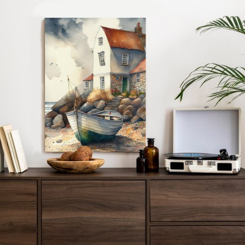 Plakat Drewniana Łódka Na Akwarelowym Wybrzeżu