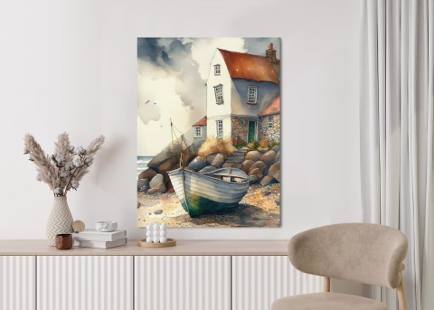 Plakat Drewniana Łódka Na Akwarelowym Wybrzeżu