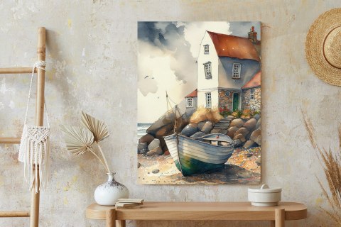 Plakat Drewniana Łódka Na Akwarelowym Wybrzeżu