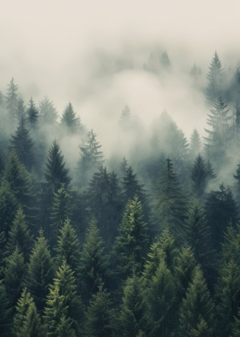 Plakat Gęsta Mgła Nad Zielonym Lasem Iglastym