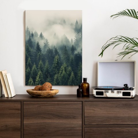 Plakat Gęsta Mgła Nad Zielonym Lasem Iglastym