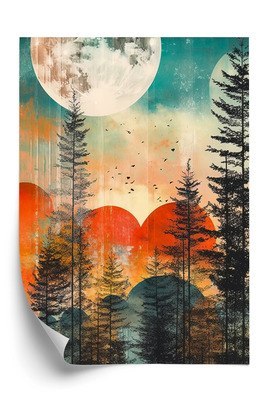 Plakat Grunge Abstrakcyjny Krajobraz Z Lasem I Pełnią Księżyca
