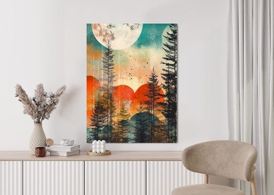 Plakat Grunge Abstrakcyjny Krajobraz Z Lasem I Pełnią Księżyca