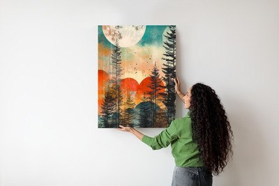 Plakat Grunge Abstrakcyjny Krajobraz Z Lasem I Pełnią Księżyca