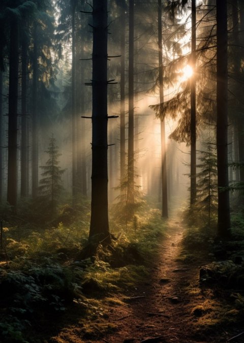 Plakat Las Z Promieniami Słońca O Poranku