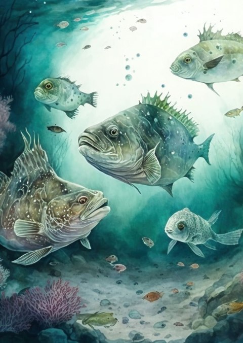 Plakat Ławica Ryb W Morskiej Głębi Akwarela