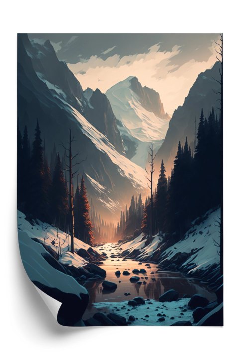 Plakat Rzeka W Górskiej Dolinie Zimowy Krajobraz Abstrakcja