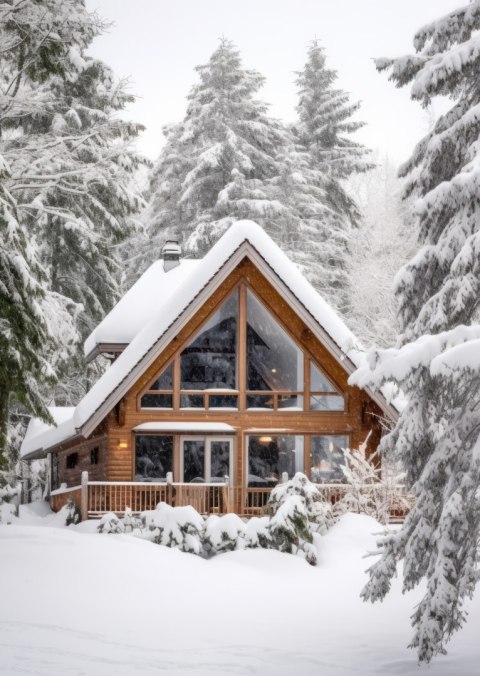 Plakat Skandynawski Domek Pokryty Śniegiem W Zimowym Lesie
