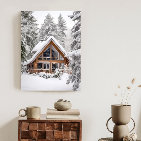 Plakat Skandynawski Domek Pokryty Śniegiem W Zimowym Lesie