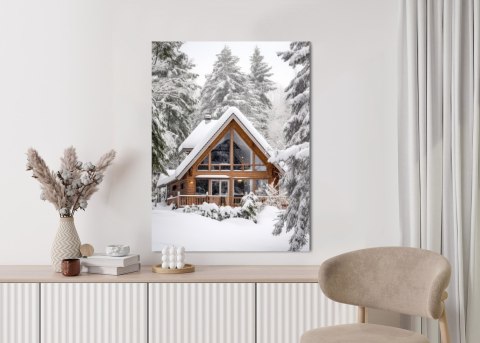 Plakat Skandynawski Domek Pokryty Śniegiem W Zimowym Lesie