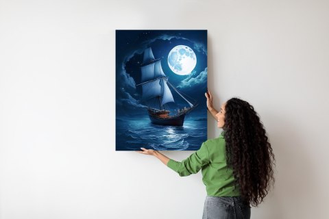 Plakat Statek Na Spokojnym Morzu I Pełnia Księżyca