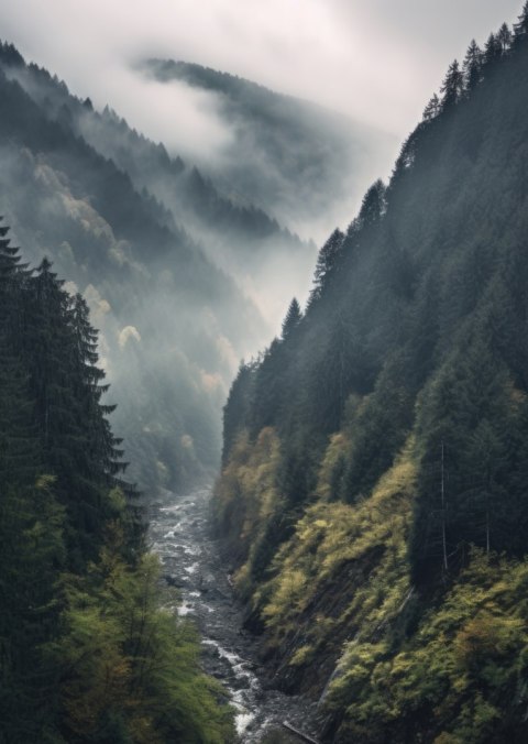 Plakat Strumyk I Górski Las We Mgle