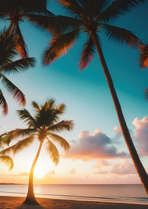 Plakat Tropikalna Plaża Z Palmami O Zachodzie Słońca