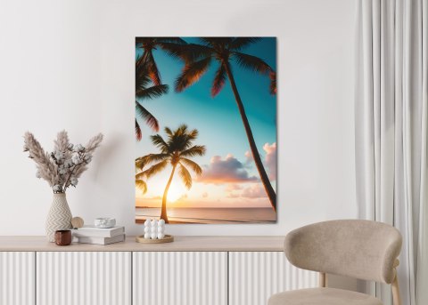 Plakat Tropikalna Plaża Z Palmami O Zachodzie Słońca