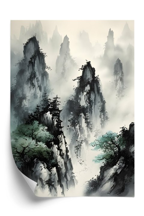 Plakat W Stylu Japońskim Mglisty Poranek W Górach