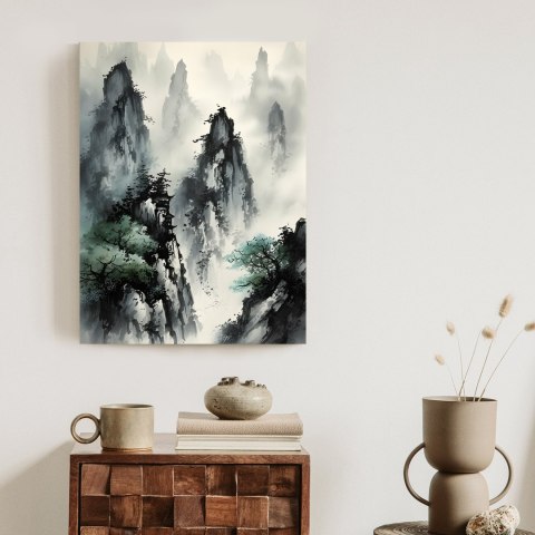 Plakat W Stylu Japońskim Mglisty Poranek W Górach