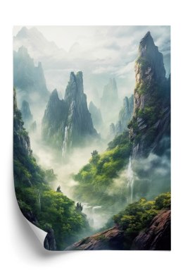 Plakat Wzgórza Porośnięte Zielonym Lasem I Wodospady