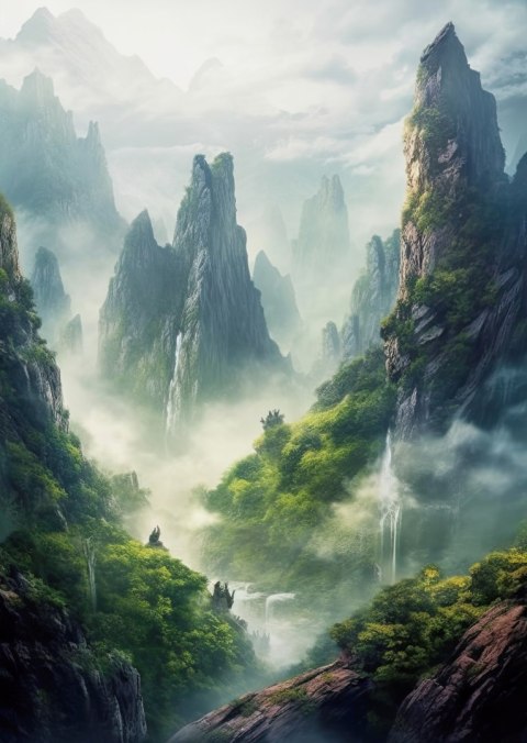 Plakat Wzgórza Porośnięte Zielonym Lasem I Wodospady