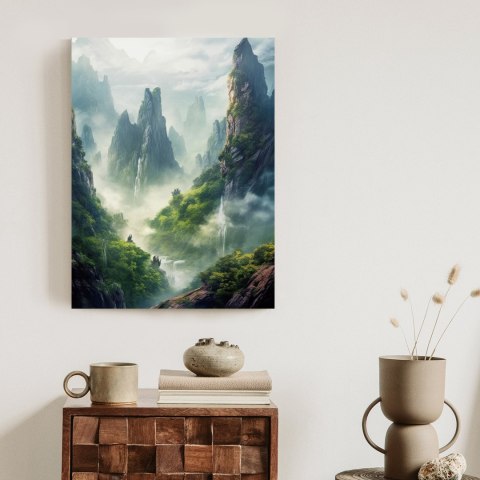 Plakat Wzgórza Porośnięte Zielonym Lasem I Wodospady