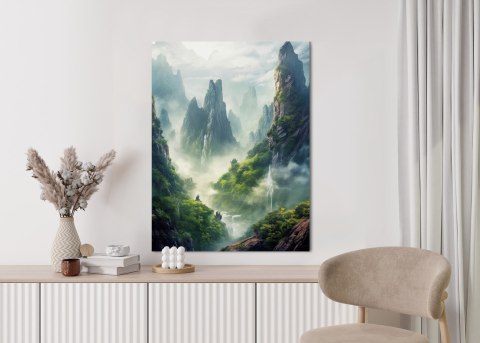 Plakat Wzgórza Porośnięte Zielonym Lasem I Wodospady