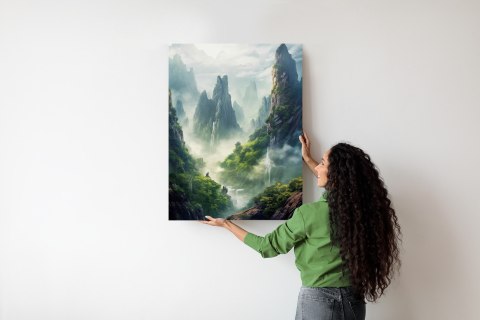 Plakat Wzgórza Porośnięte Zielonym Lasem I Wodospady