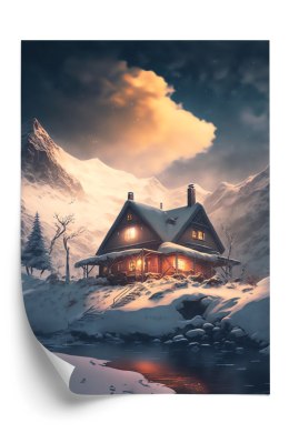 Plakat Zimowy Krajobraz Drewniana Chatka W Górskiej Dolinie