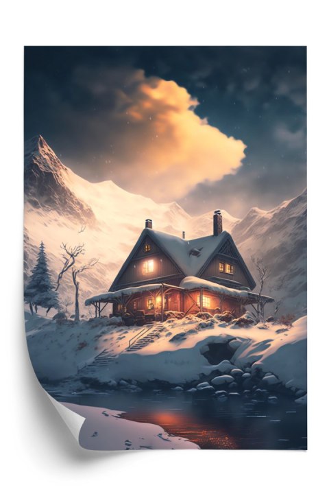 Plakat Zimowy Krajobraz Drewniana Chatka W Górskiej Dolinie
