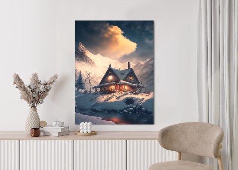 Plakat Zimowy Krajobraz Drewniana Chatka W Górskiej Dolinie