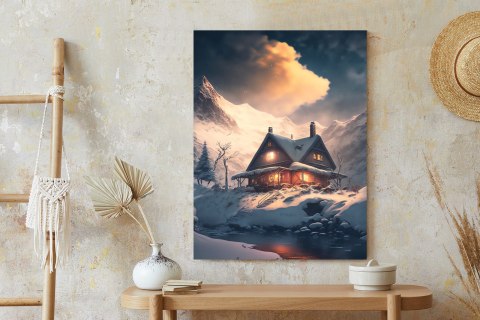 Plakat Zimowy Krajobraz Drewniana Chatka W Górskiej Dolinie