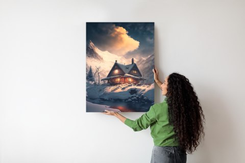 Plakat Zimowy Krajobraz Drewniana Chatka W Górskiej Dolinie