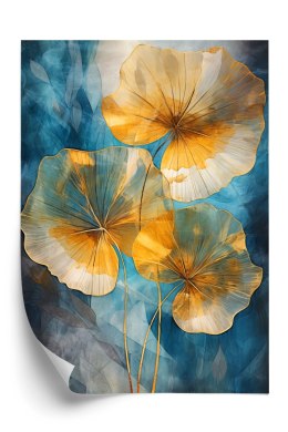 Plakat Abstrakcja Złote Liście Na Niebieskim Tle