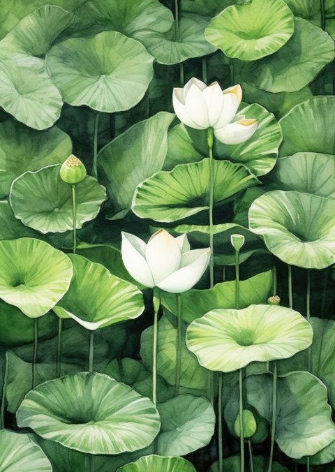 Plakat Białe Kwiaty Wśród Zielonych Liści Lotos