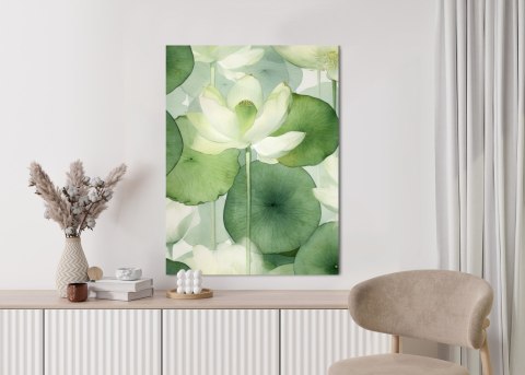 Plakat Biały Kwiat Lotosu I Zielone Liście Akwarela