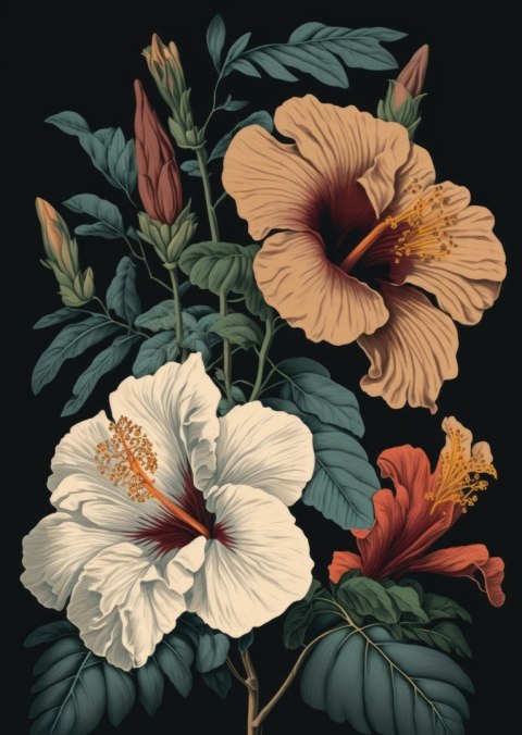 Plakat Kwiaty Hibiskusa I Zielone Liście