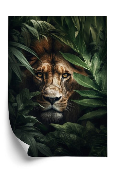 Plakat Lew Wśród Tropikalnych Liści Portret
