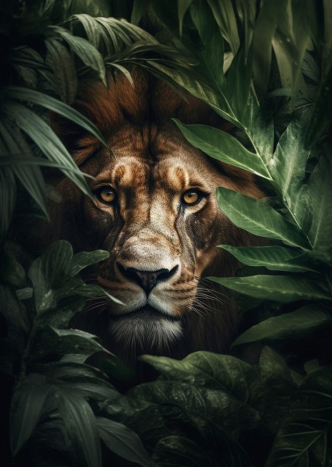 Plakat Lew Wśród Tropikalnych Liści Portret