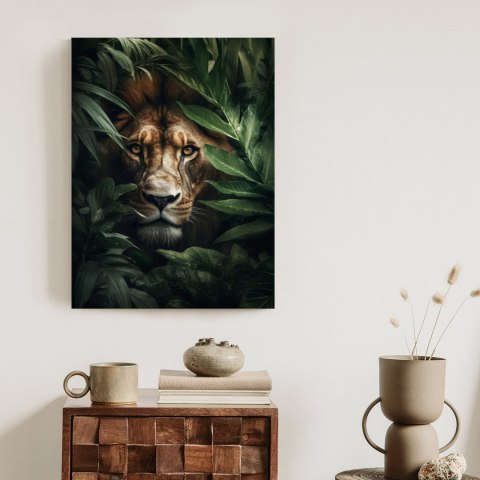 Plakat Lew Wśród Tropikalnych Liści Portret
