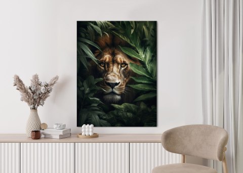 Plakat Lew Wśród Tropikalnych Liści Portret