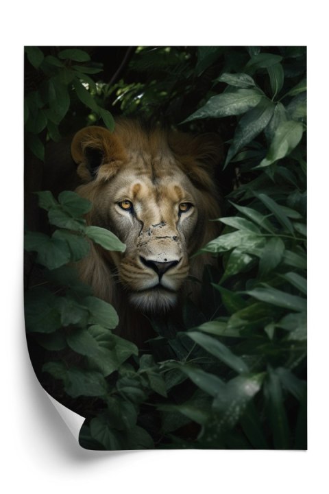 Plakat Lew Wśród Zielonych Liści W Dżungli