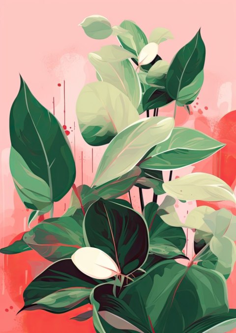 Plakat Malowane Zielone Liście Roślin Na Różowym Tle