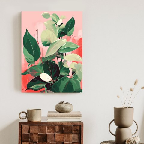 Plakat Malowane Zielone Liście Roślin Na Różowym Tle