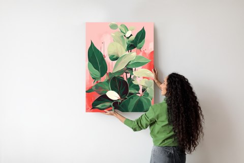 Plakat Malowane Zielone Liście Roślin Na Różowym Tle