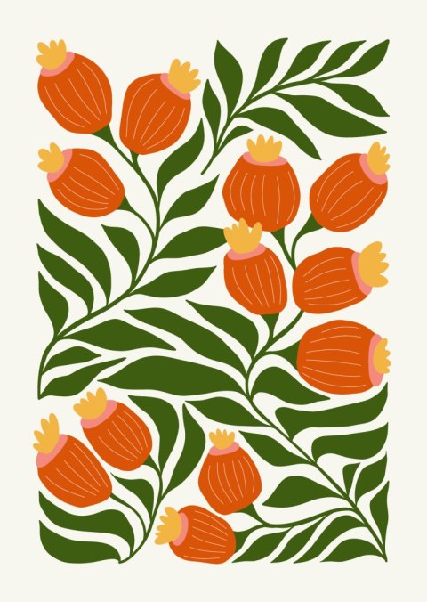 Plakat Minimalistyczne Czerwone Kwiaty I Zielone Liście