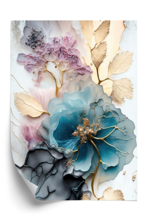 Plakat Niebieski Kwiat Złote Liście Abstrakcja