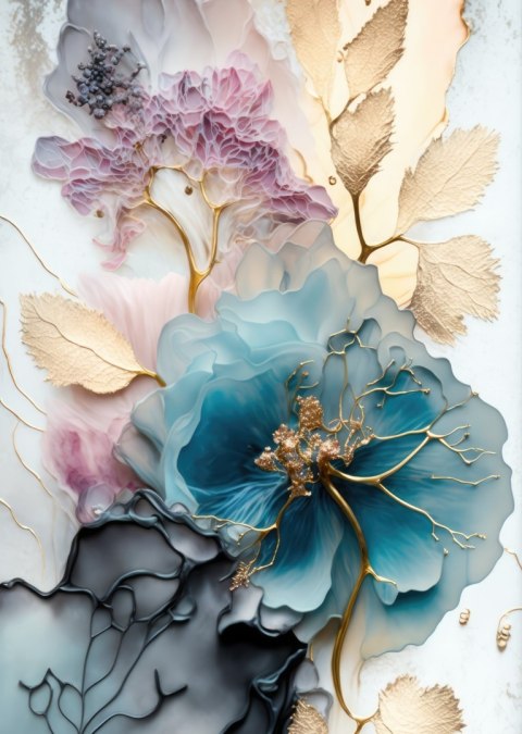 Plakat Niebieski Kwiat Złote Liście Abstrakcja